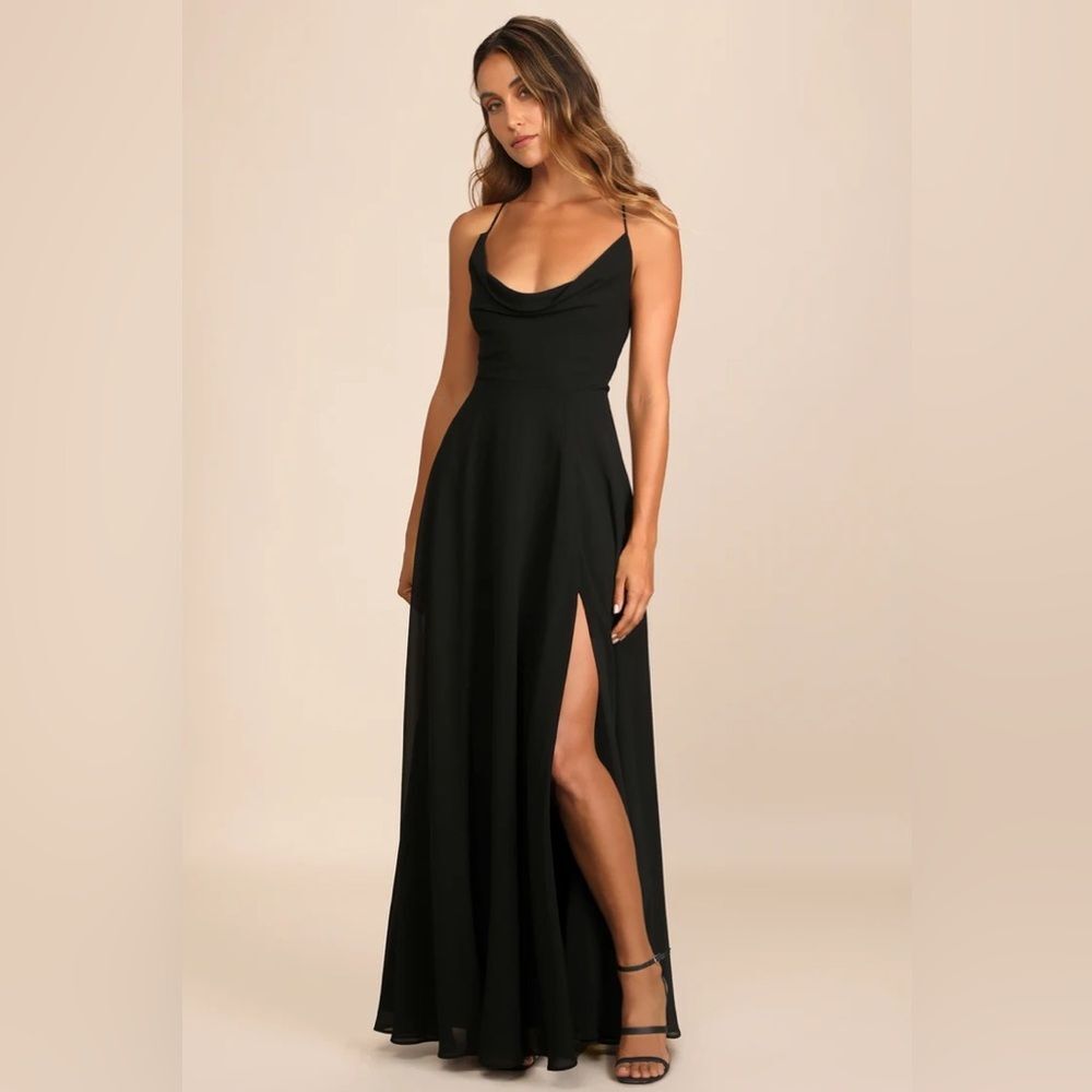 Lulus Romantically Speaking Black Cowl Lace-Up Maxi Dress